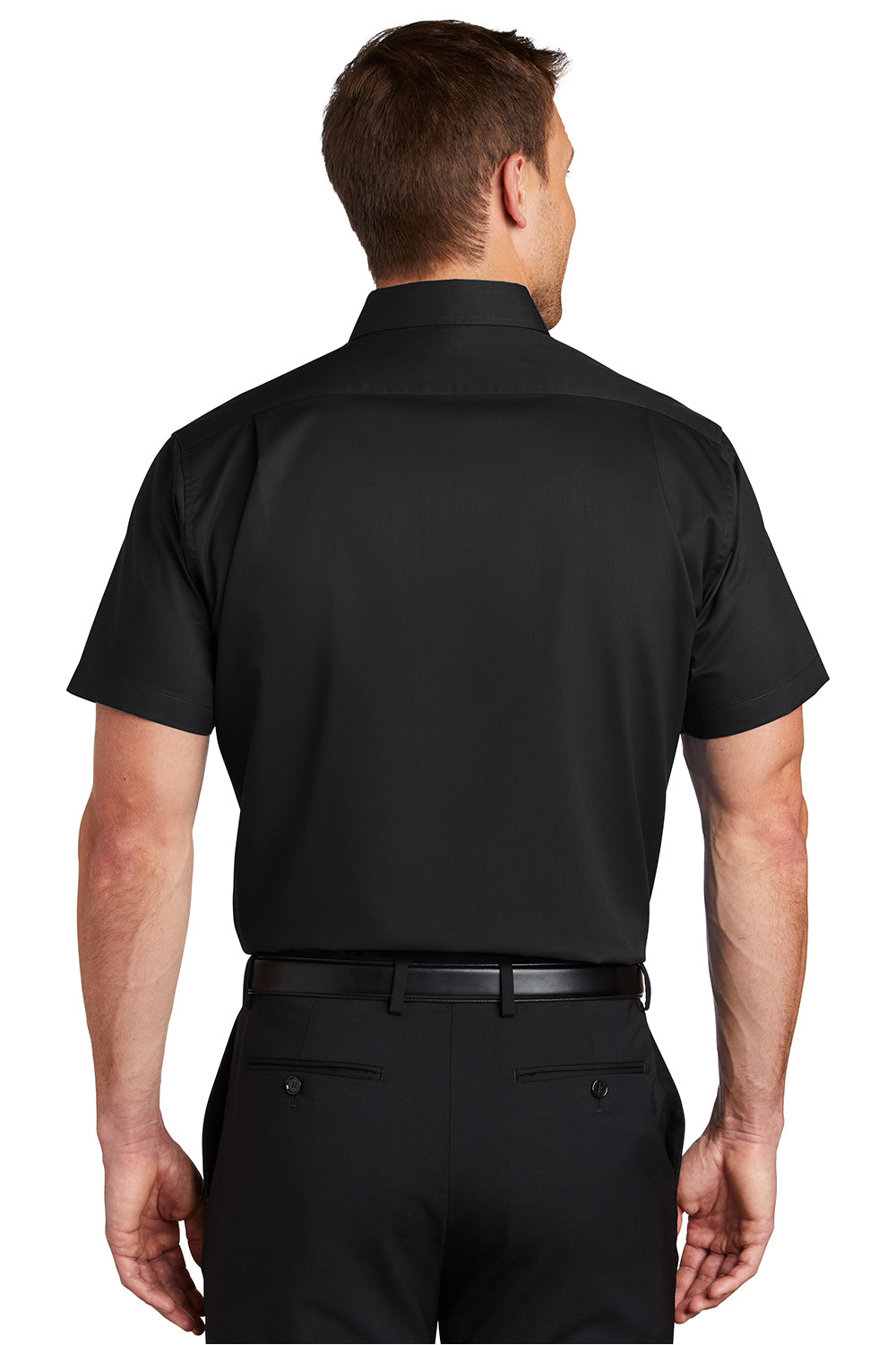 Port Authority S664 Mens SuperPro Wrinkle Resistant Short Sleeve Button Down Shirt w/ Pocket Black Model Back