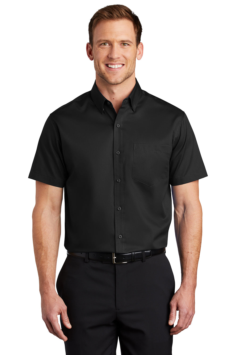 Port Authority S664 Mens SuperPro Wrinkle Resistant Short Sleeve Button Down Shirt w/ Pocket Black Model Front