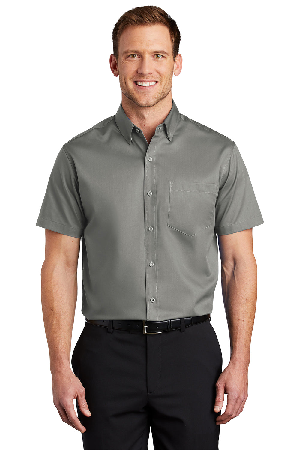 Port Authority S664 Mens SuperPro Wrinkle Resistant Short Sleeve Button Down Shirt w/ Pocket Monument Grey Model Front