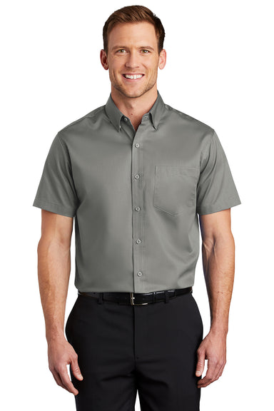 Port Authority S664 Mens SuperPro Wrinkle Resistant Short Sleeve Button Down Shirt w/ Pocket Monument Grey Model Front