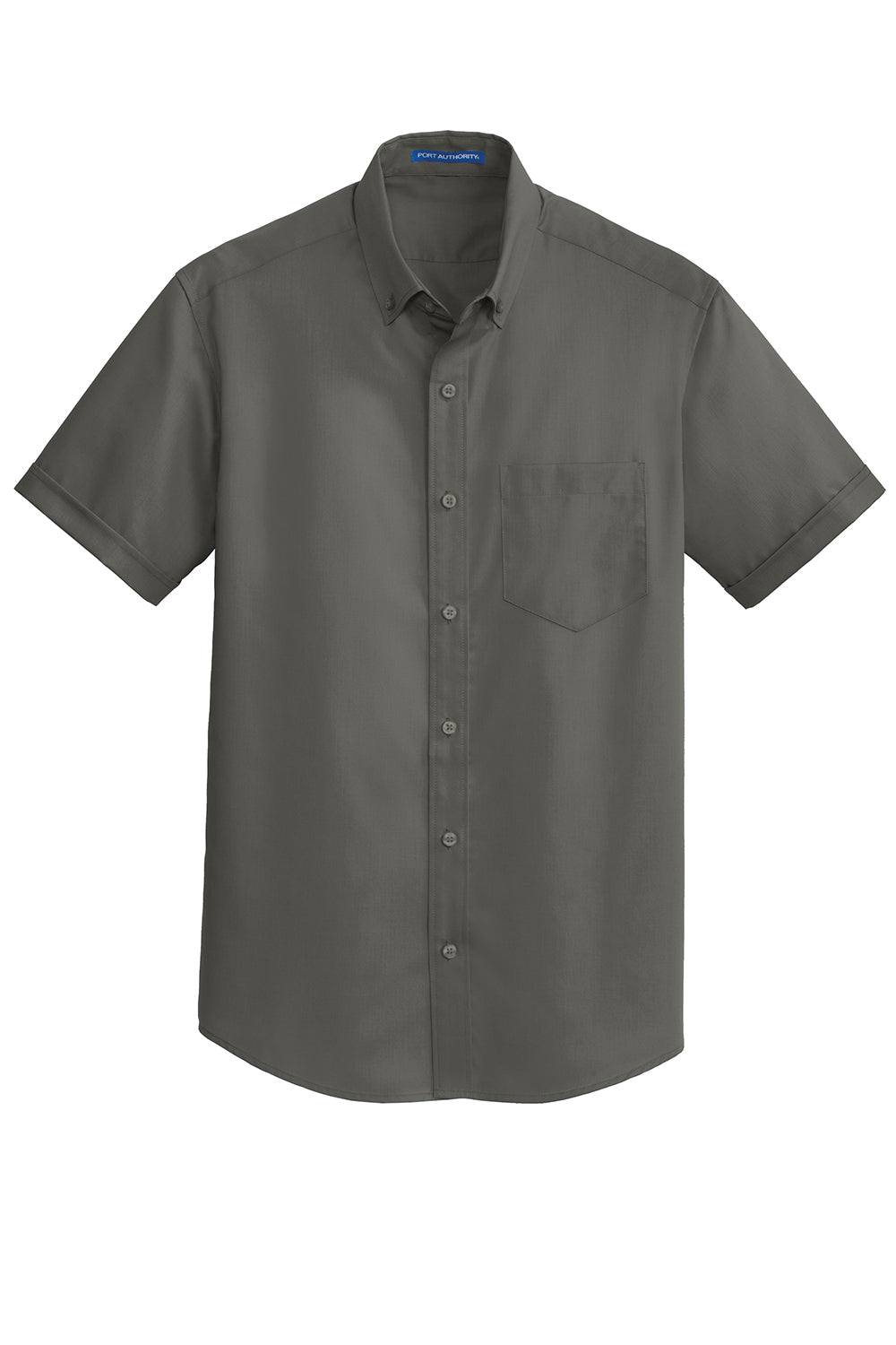 Port Authority S664 Mens SuperPro Wrinkle Resistant Short Sleeve Button Down Shirt w/ Pocket Sterling Grey Flat Front