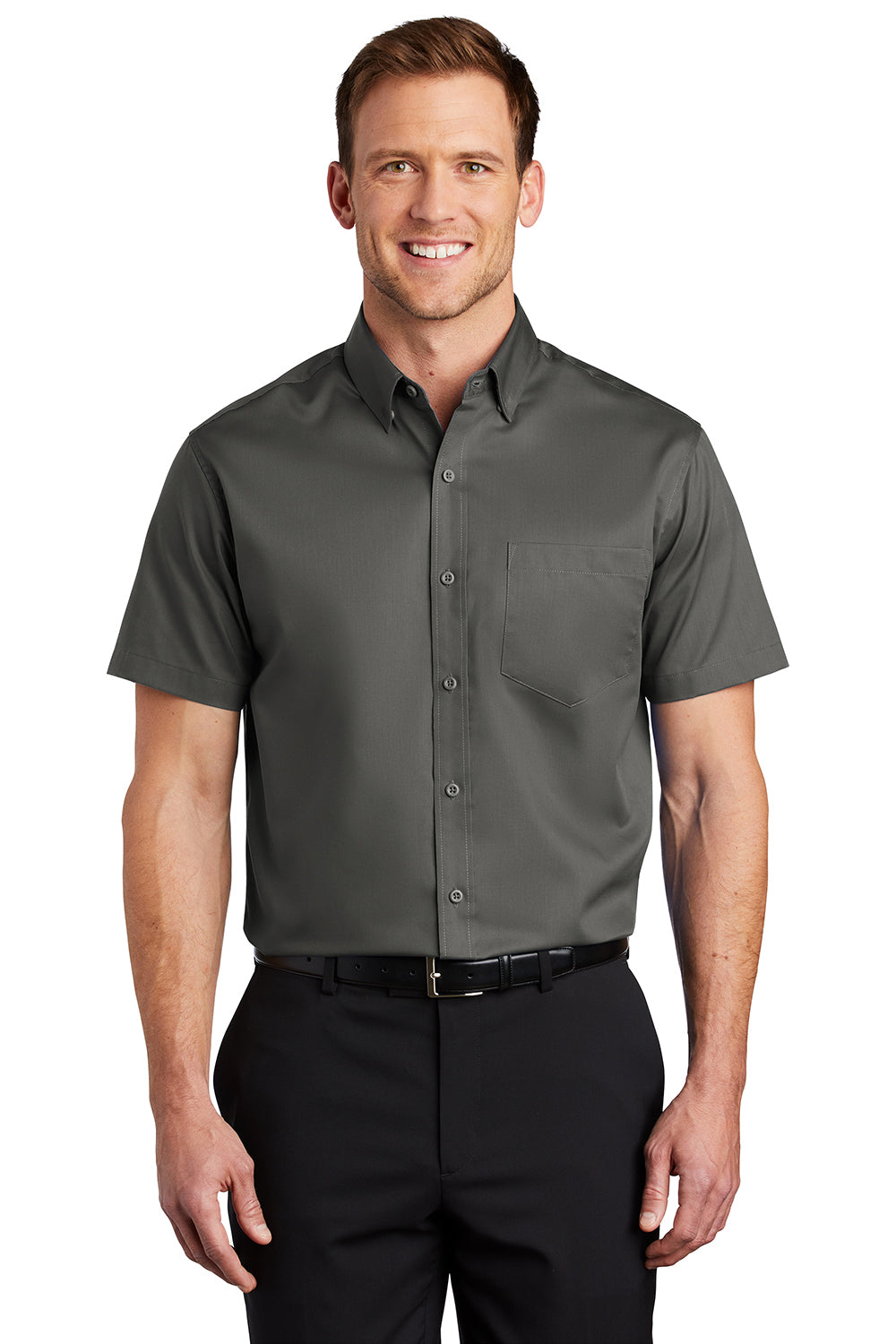 Port Authority S664 Mens SuperPro Wrinkle Resistant Short Sleeve Button Down Shirt w/ Pocket Sterling Grey Model Front