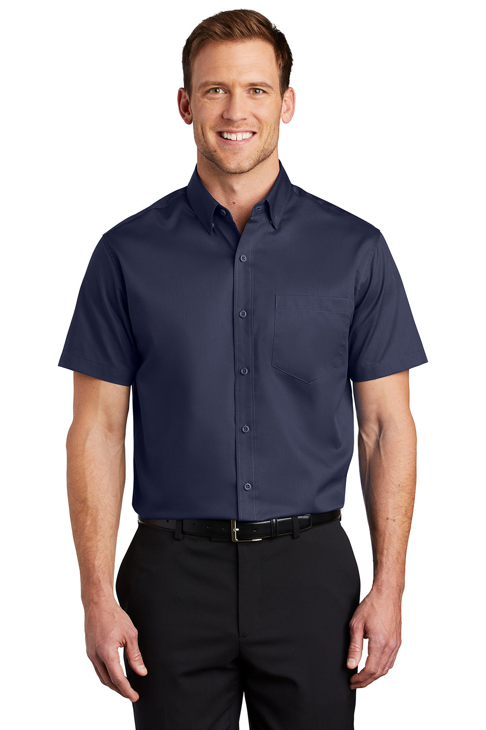 Port Authority S664 Mens SuperPro Wrinkle Resistant Short Sleeve Button Down Shirt w/ Pocket True Navy Blue Model Front