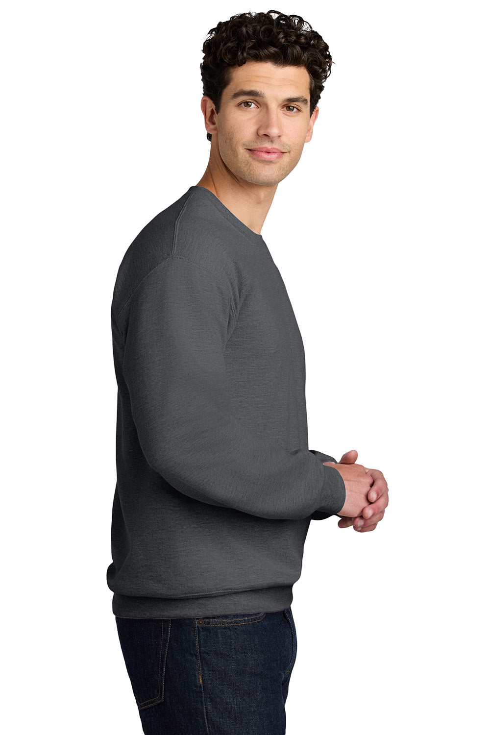 Gildan SF000 Mens Softstyle Crewneck Sweatshirt Heather Dark Grey Model Side