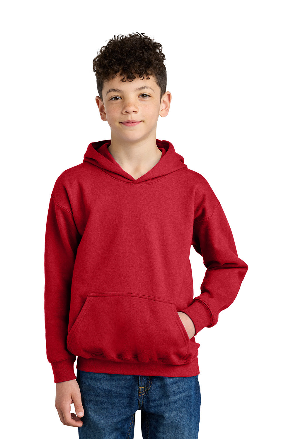 Gildan SF500B Youth Softstyle Hooded Sweatshirt Hoodie w/ Pouch Pocket Red Model Front