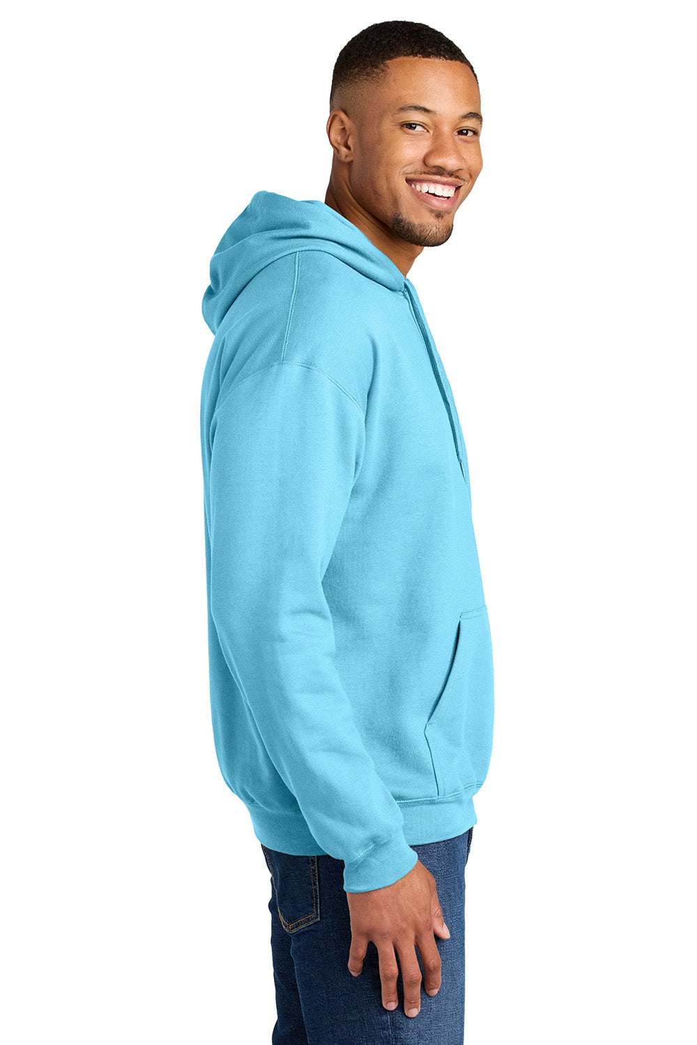 Gildan SF500 Mens Softstyle Hooded Sweatshirt Hoodie Sky Blue Model Side