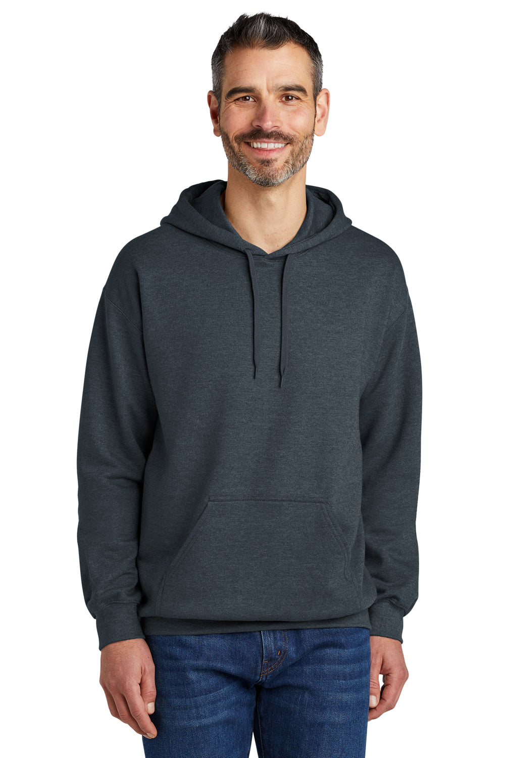 Gildan SF500 Mens Softstyle Hooded Sweatshirt Hoodie w/ Pouch Pocket Heather Dark Grey Model Front