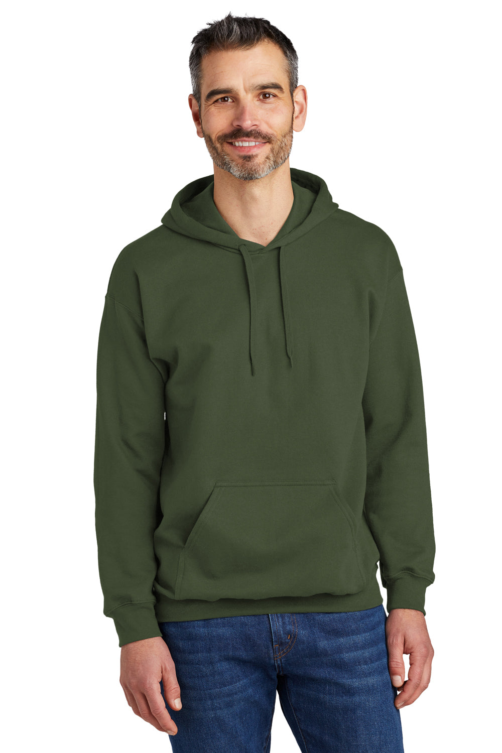 Gildan SF500 Mens Softstyle Hooded Sweatshirt Hoodie w/ Pouch Pocket Military Green Model Front