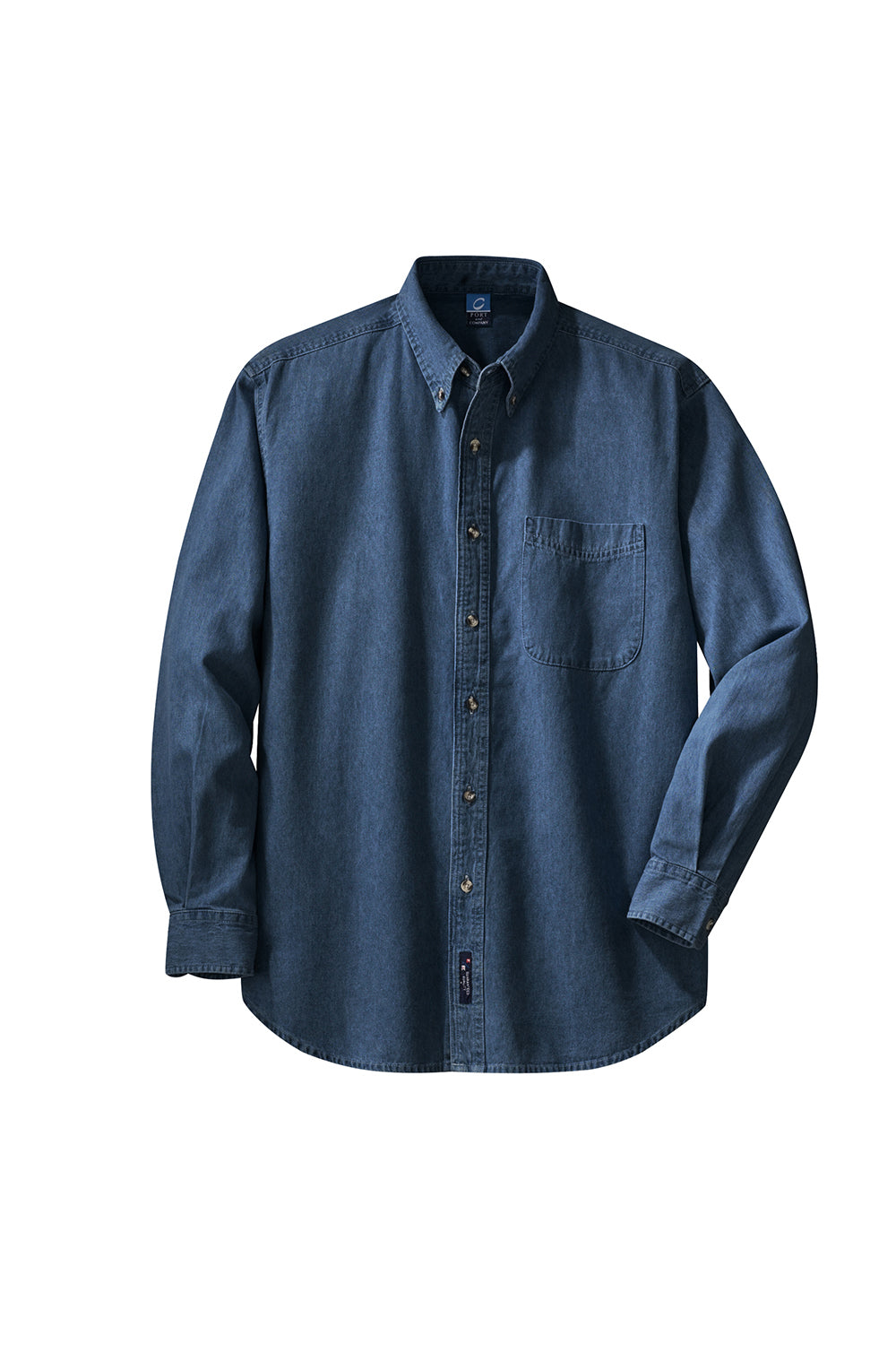 Port & Company SP10 Mens Denim Long Sleeve Button Down Shirt w/ Pocket Ink Blue Flat Front