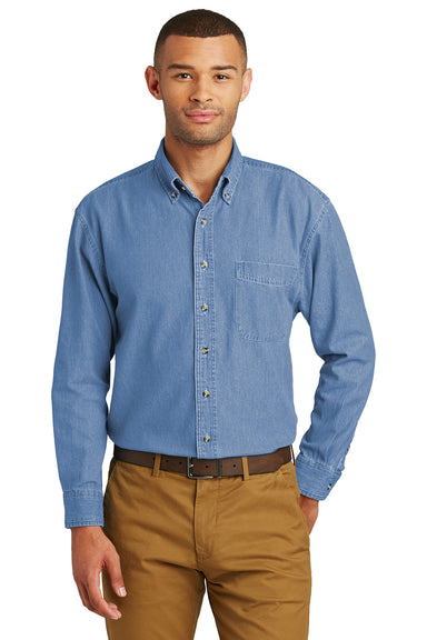 Port & Company SP10 Mens Denim Long Sleeve Button Down Shirt w/ Pocket Faded Blue Model Front