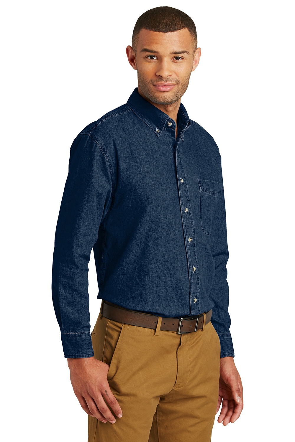 Port & Company SP10 Mens Denim Long Sleeve Button Down Shirt w/ Pocket Ink Blue Model 3q