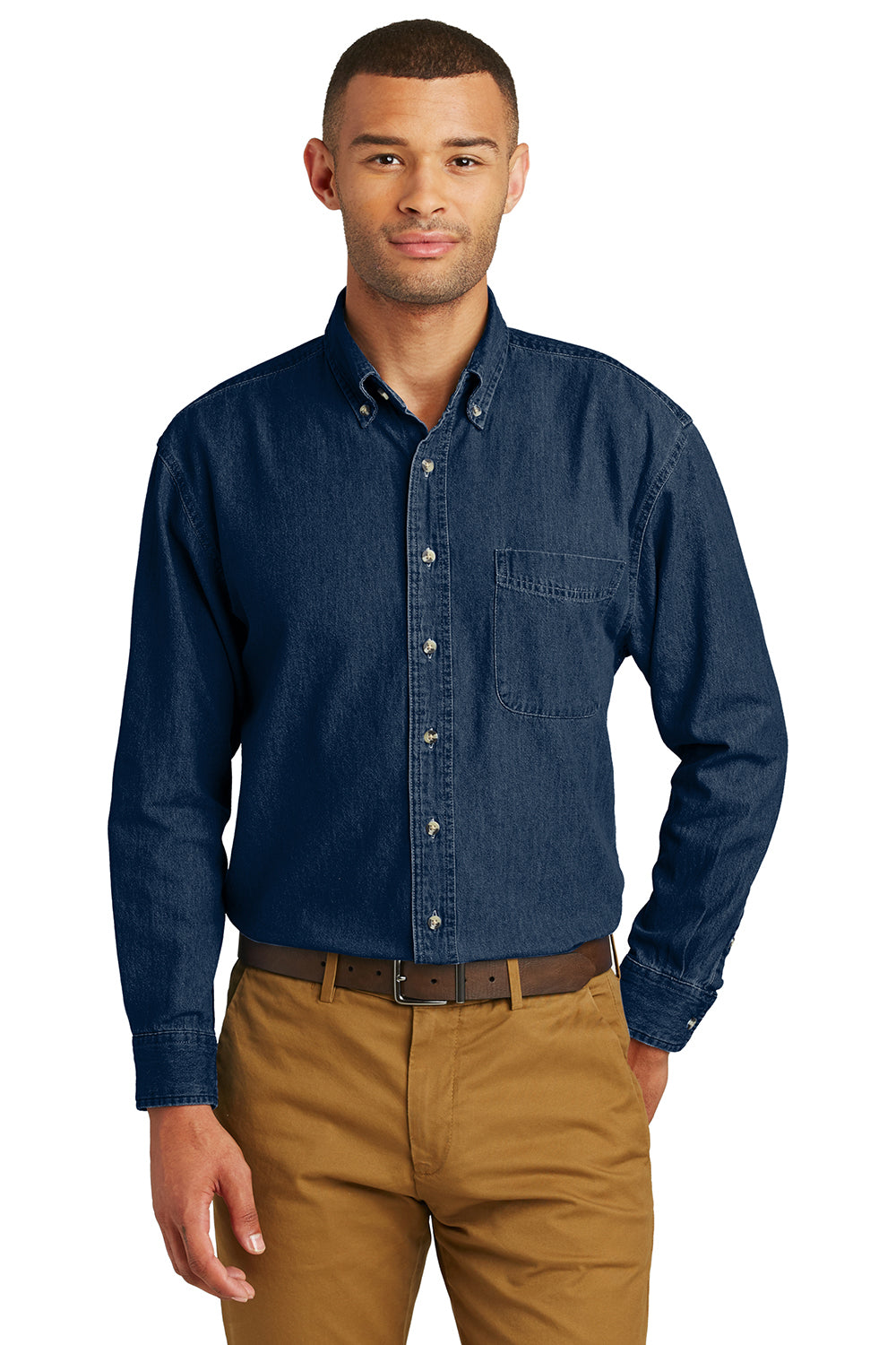 Port & Company SP10 Mens Denim Long Sleeve Button Down Shirt w/ Pocket Ink Blue Model Front