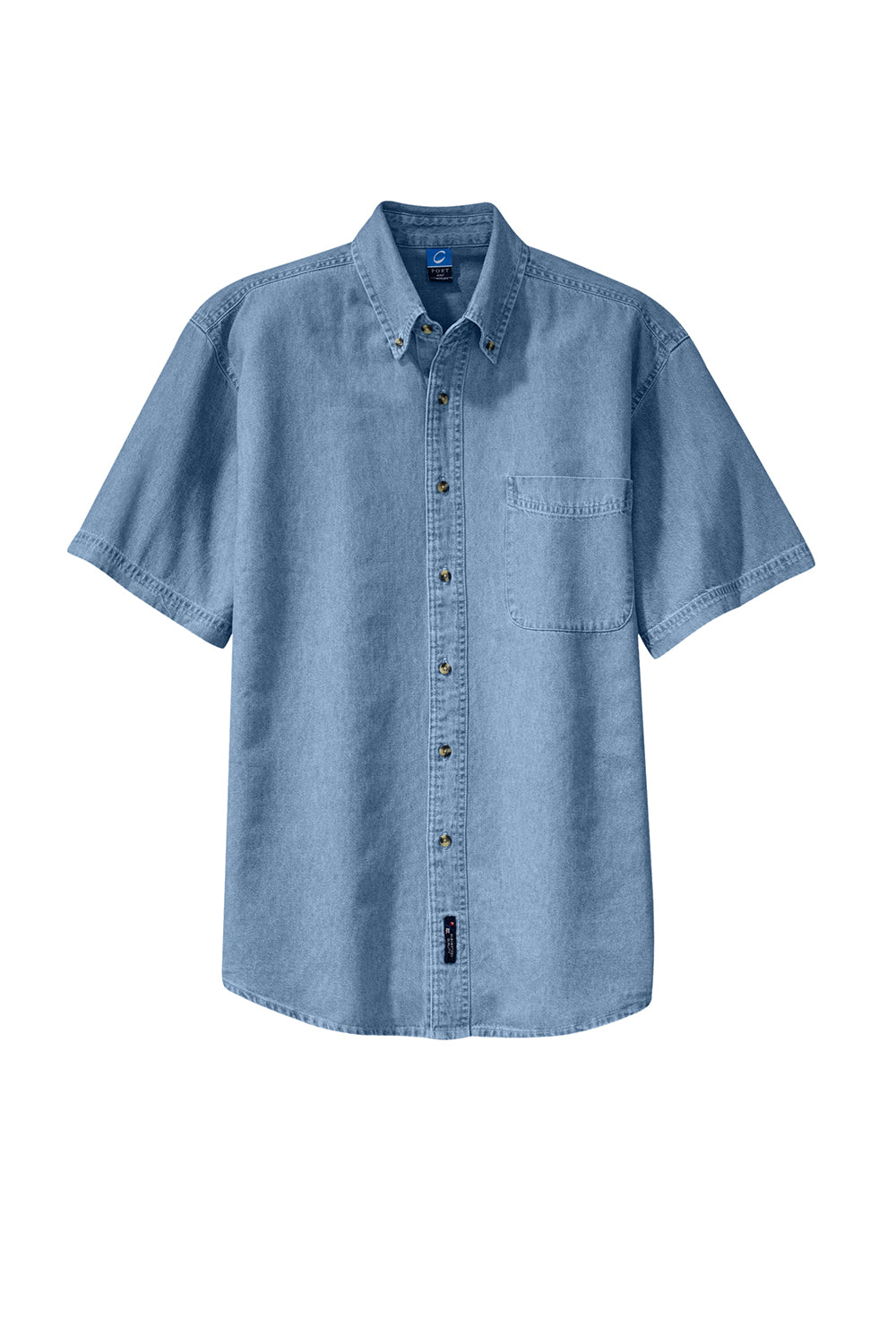 Port & Company SP11 Mens Denim Short Sleeve Button Down Shirt w/ Pocket Faded Blue Flat Front