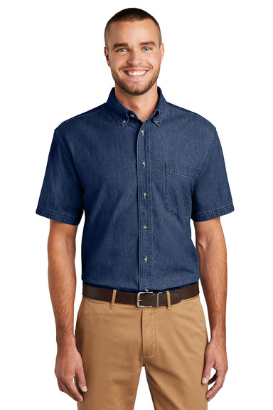 Port & Company SP11 Mens Denim Short Sleeve Button Down Shirt w/ Pocket Ink Blue Model Front