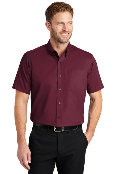 CornerStone SP18 Mens SuperPro Stain Resistant Short Sleeve Button Down Shirt w/ Pocket Burgundy Model Front