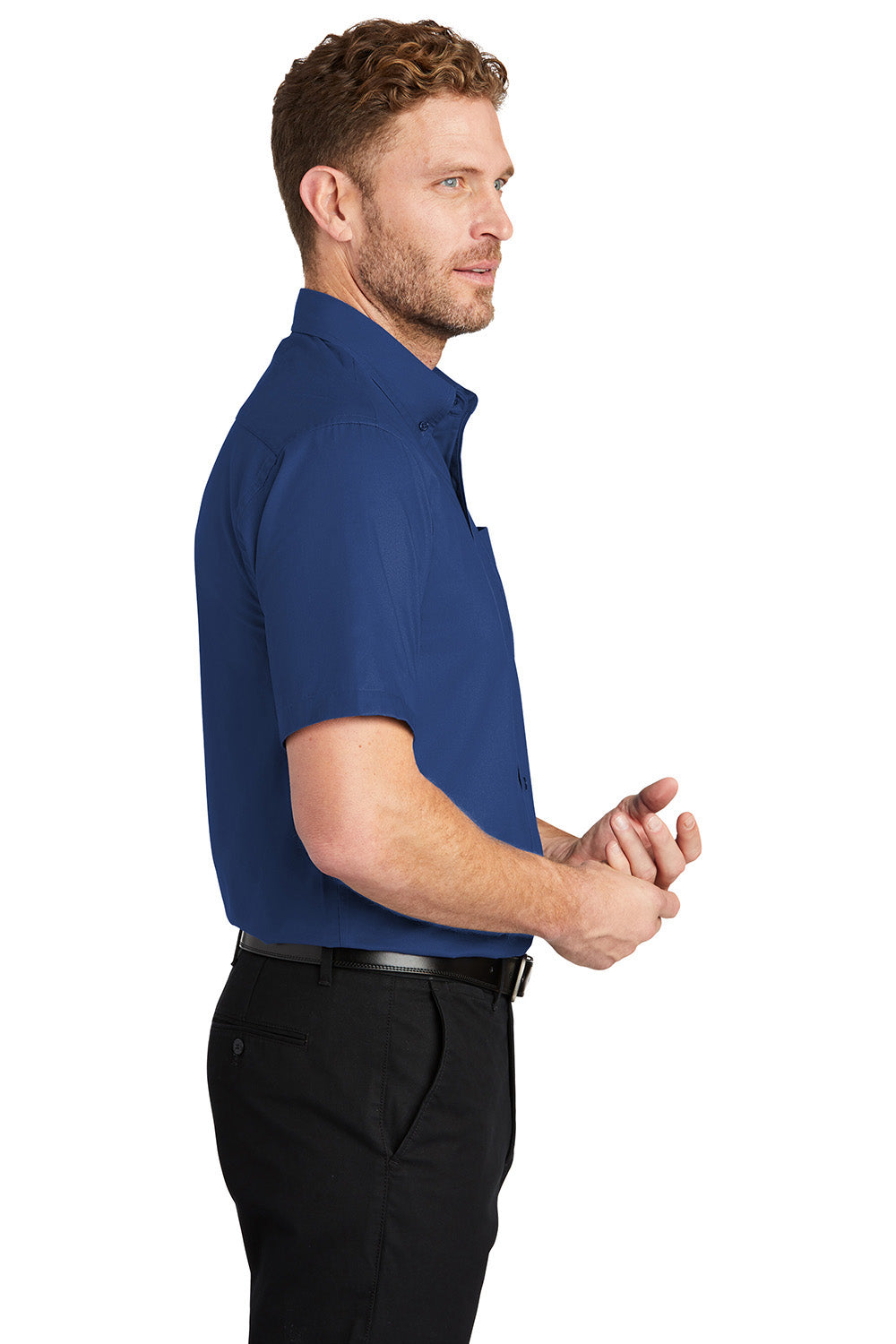 CornerStone SP18 Mens SuperPro Stain Resistant Short Sleeve Button Down Shirt w/ Pocket Royal Blue Model Side