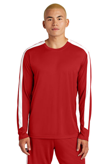 Sport-Tek ST100LS Mens Competitor United Long Sleeve Crewneck T-Shirt Deep Red/White Model Front