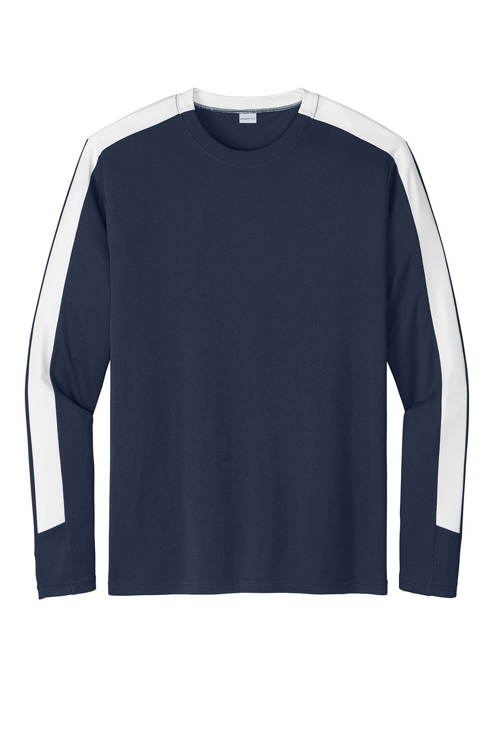 Sport-Tek ST100LS Mens Competitor United Long Sleeve Crewneck T-Shirt True Navy Blue/White Flat Front