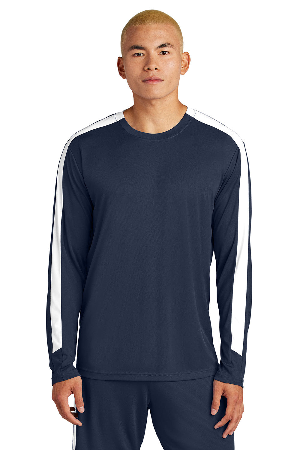 Sport-Tek ST100LS Mens Competitor United Long Sleeve Crewneck T-Shirt True Navy Blue/White Model Front