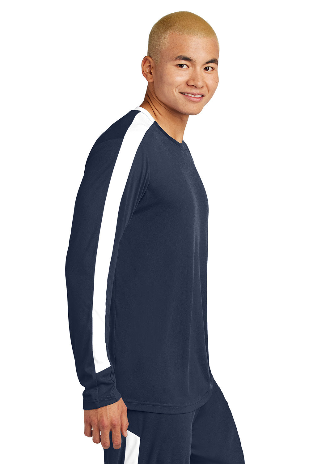 Sport-Tek ST100LS Mens Competitor United Long Sleeve Crewneck T-Shirt True Navy Blue/White Model Side