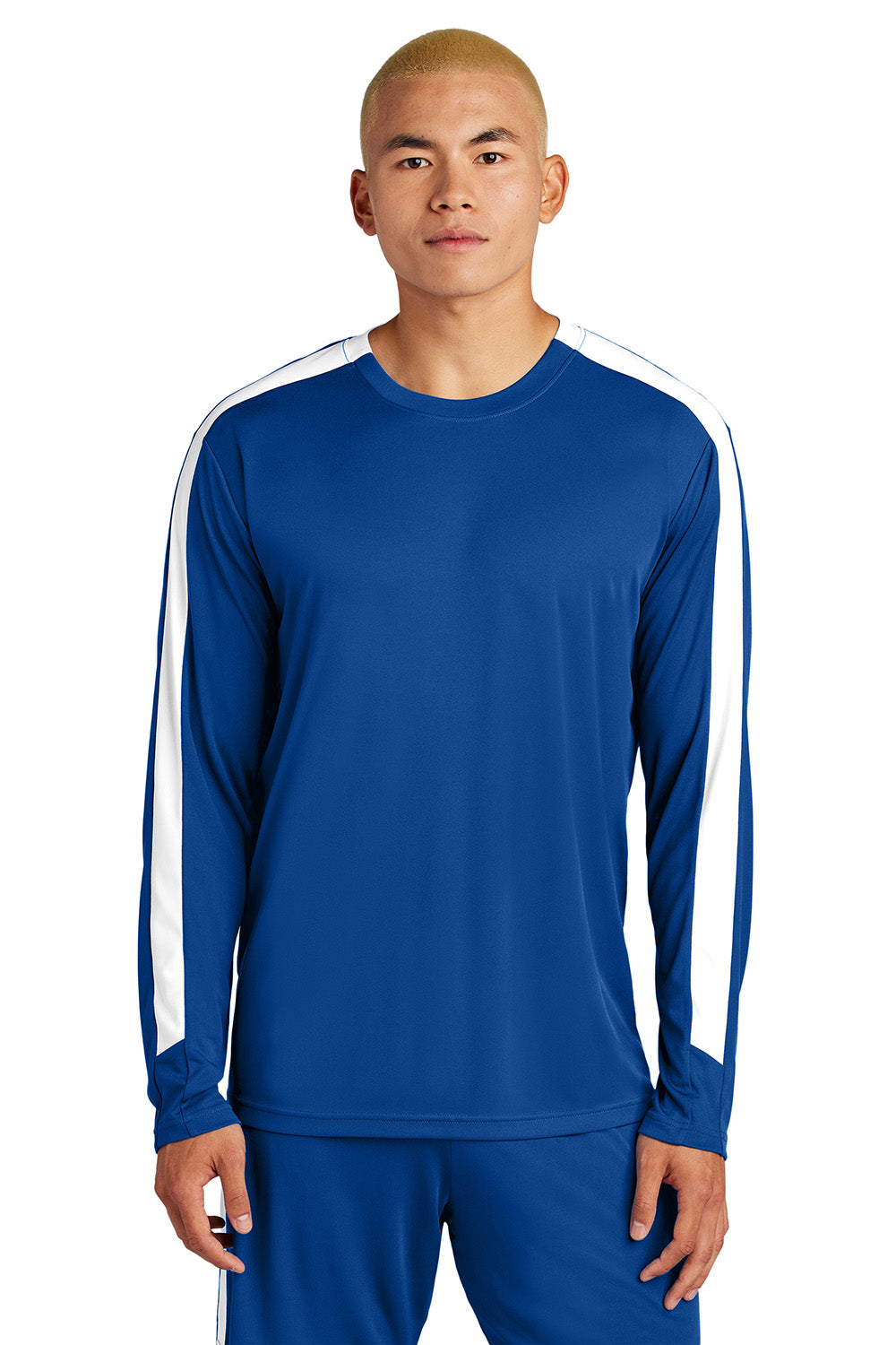 Sport-Tek ST100LS Mens Competitor United Long Sleeve Crewneck T-Shirt True Royal Blue/White Model Front