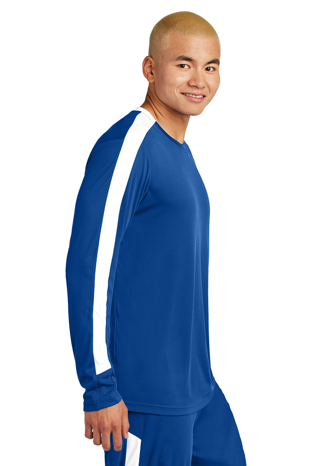 Sport-Tek ST100LS Mens Competitor United Long Sleeve Crewneck T-Shirt True Royal Blue/White Model Side