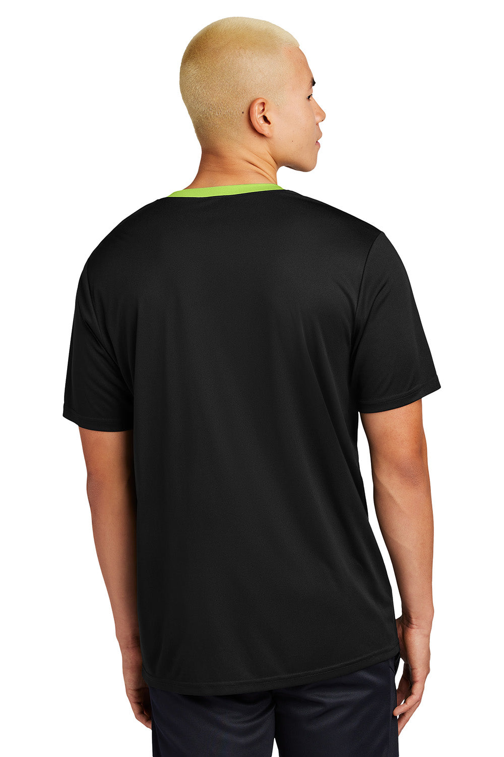 Sport-Tek ST100 Mens Competitor United Short Sleeve Crewneck T-Shirt Black/Lime Shock Green Model Back