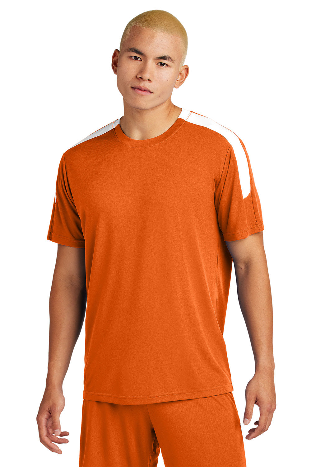 Sport-Tek ST100 Mens Competitor United Short Sleeve Crewneck T-Shirt Deep Orange/White Model Front