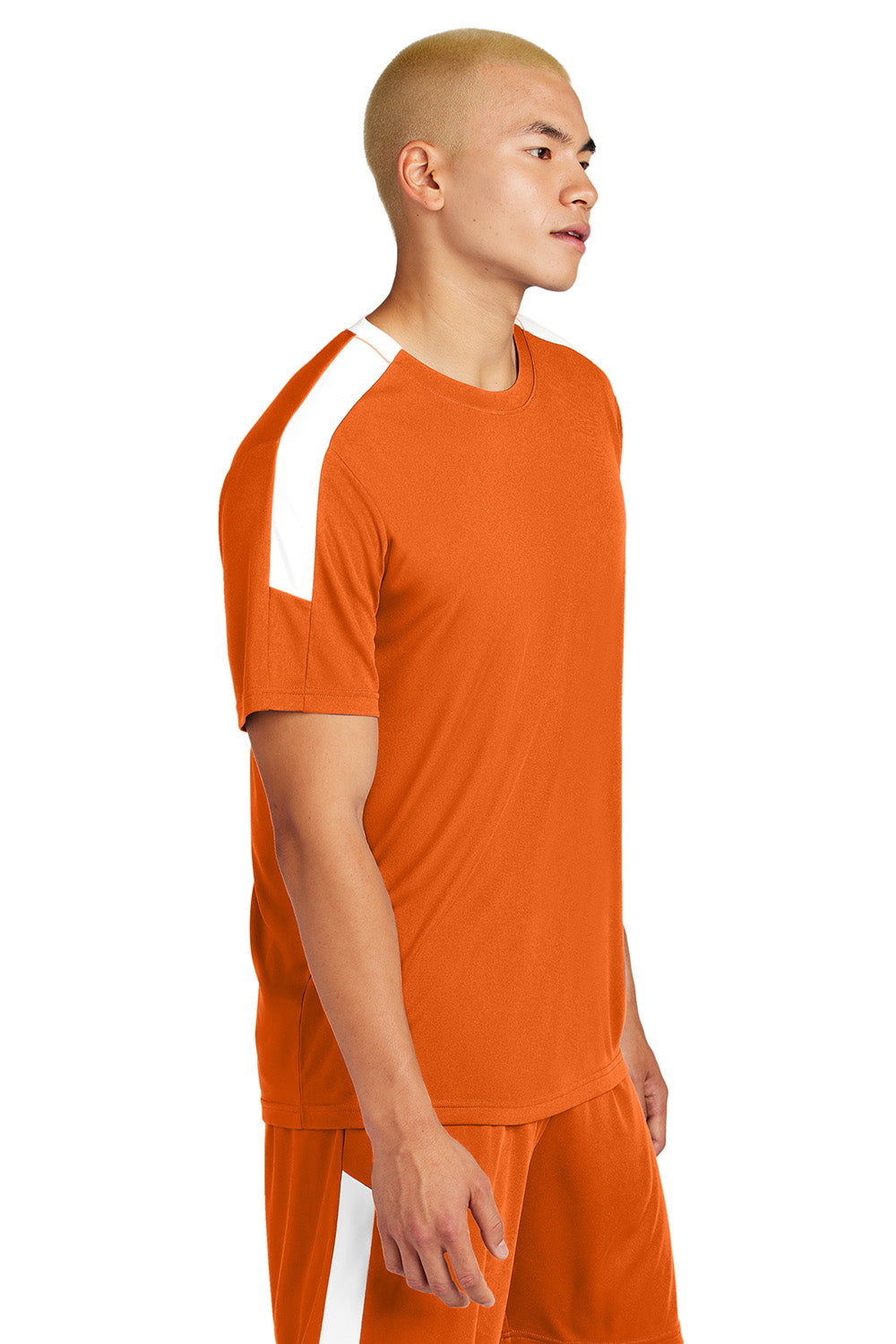 Sport-Tek ST100 Mens Competitor United Short Sleeve Crewneck T-Shirt Deep Orange/White Model Side