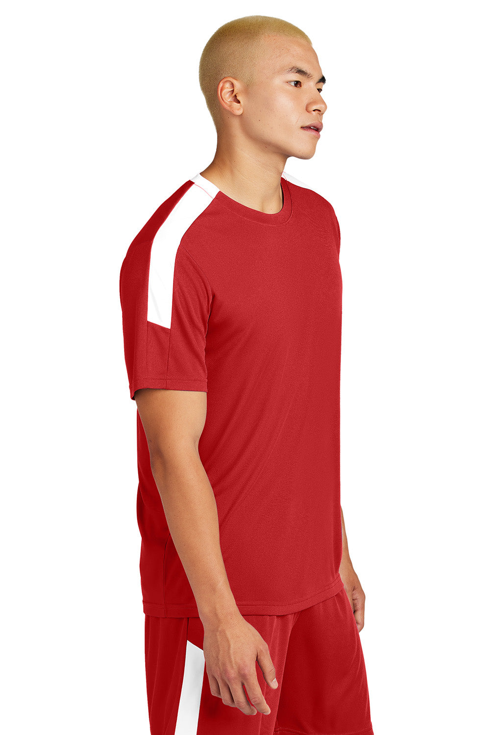 Sport-Tek ST100 Mens Competitor United Short Sleeve Crewneck T-Shirt Deep Red/White Model Side