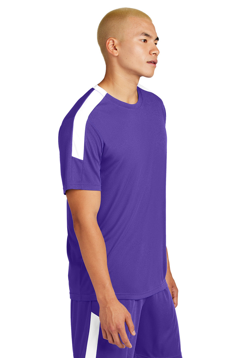 Sport-Tek ST100 Mens Competitor United Short Sleeve Crewneck T-Shirt Purple/White Model Side