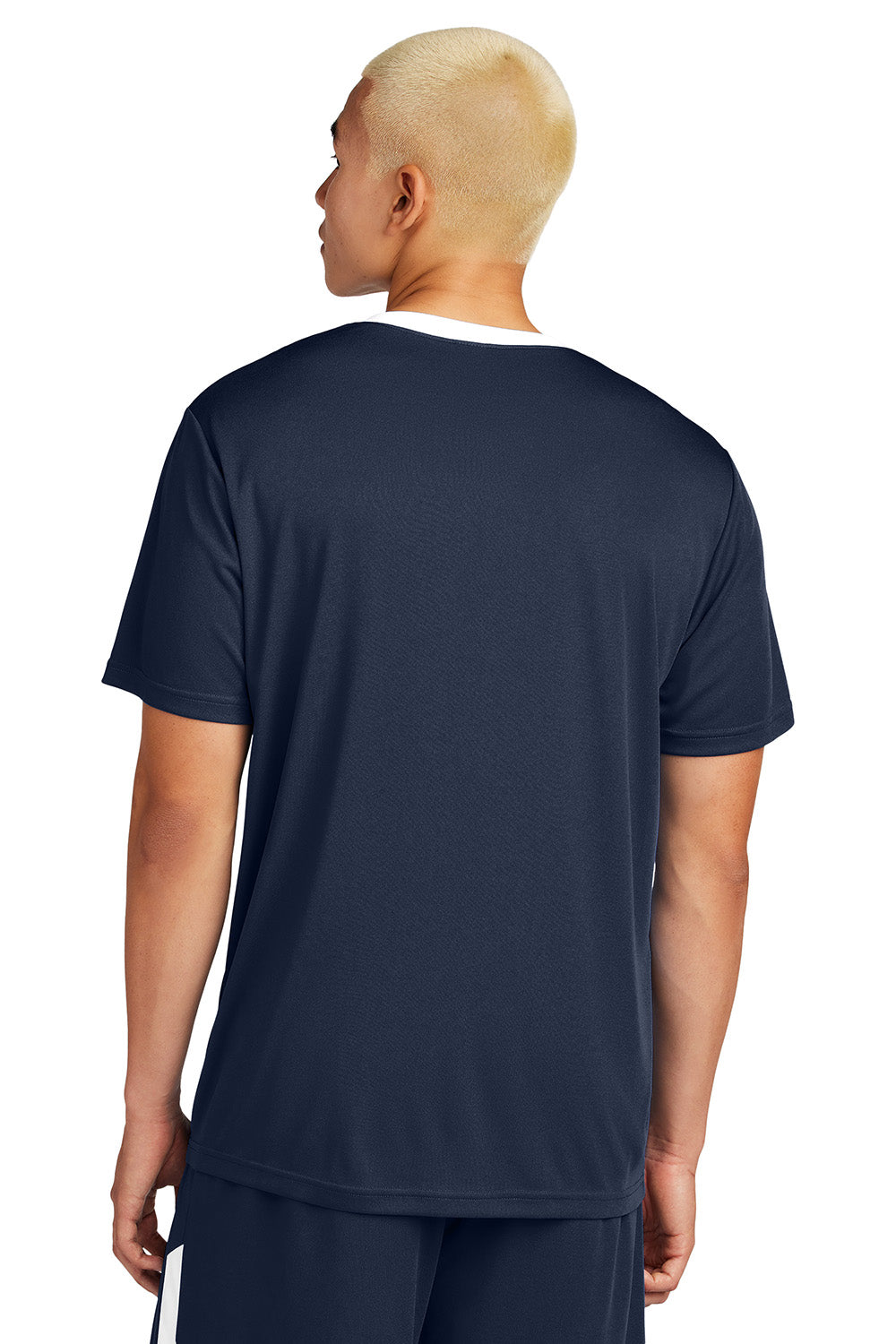 Sport-Tek ST100 Mens Competitor United Short Sleeve Crewneck T-Shirt True Navy Blue/White Model Back