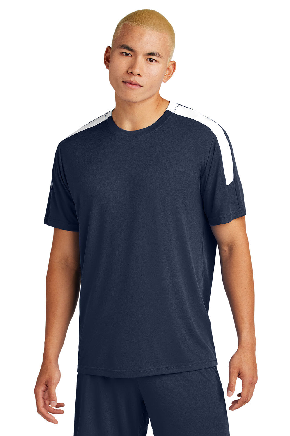 Sport-Tek ST100 Mens Competitor United Short Sleeve Crewneck T-Shirt True Navy Blue/White Model Front