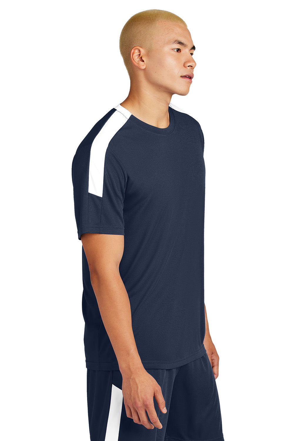 Sport-Tek ST100 Mens Competitor United Short Sleeve Crewneck T-Shirt True Navy Blue/White Model Side