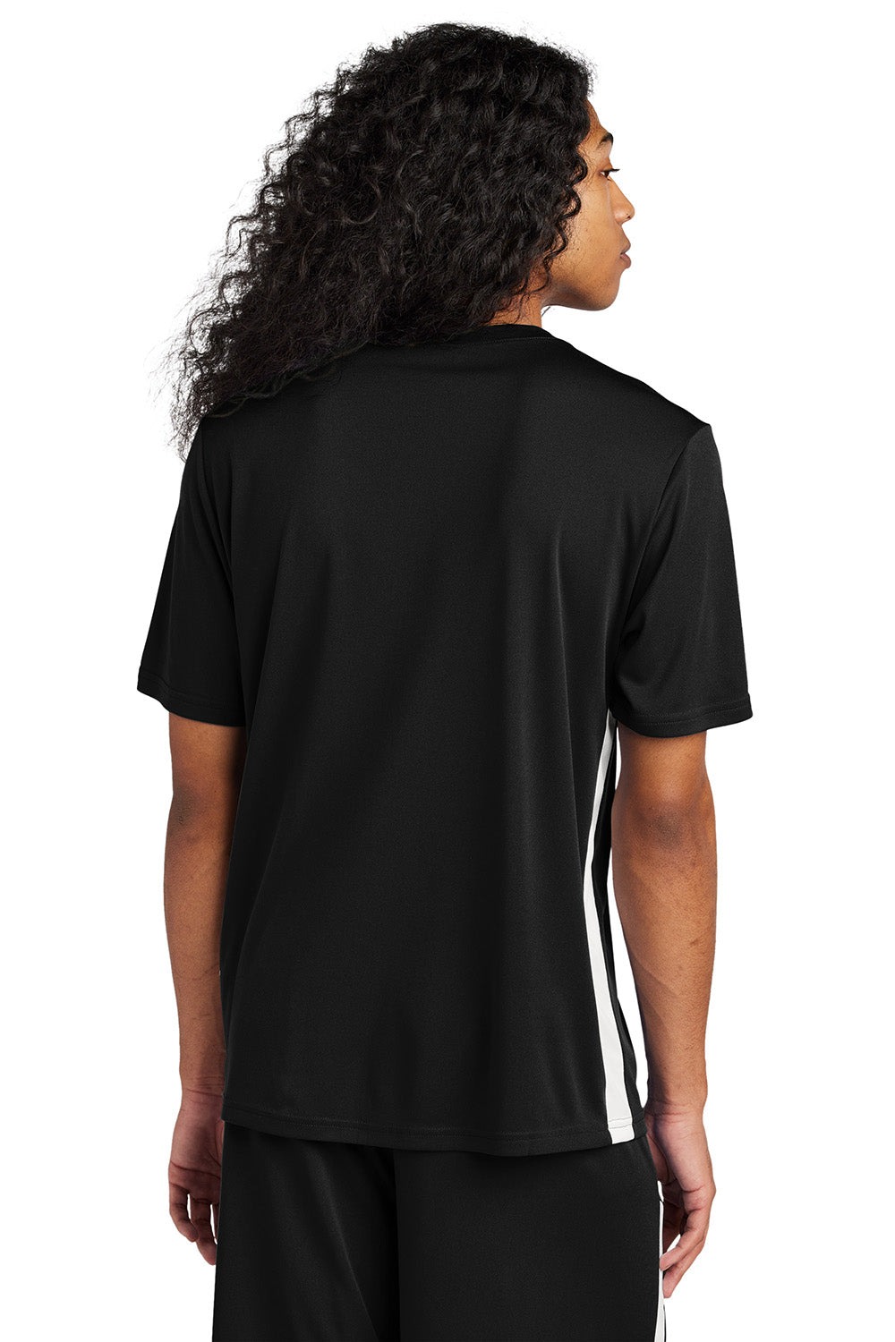 Sport-Tek ST101 Mens Competitor United Short Sleeve V-Neck T-Shirt Black/White Model Back