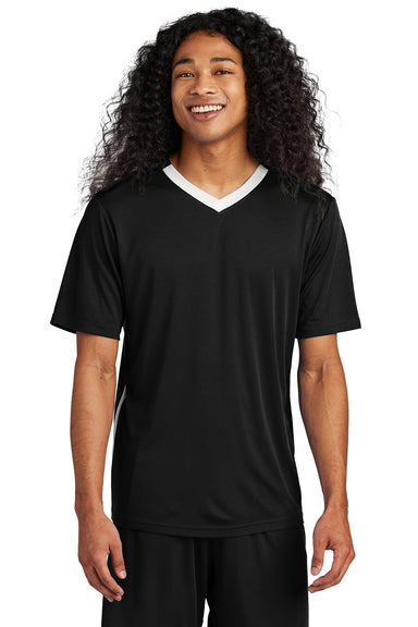 Sport-Tek ST101 Mens Competitor United Short Sleeve V-Neck T-Shirt Black/White Model Front