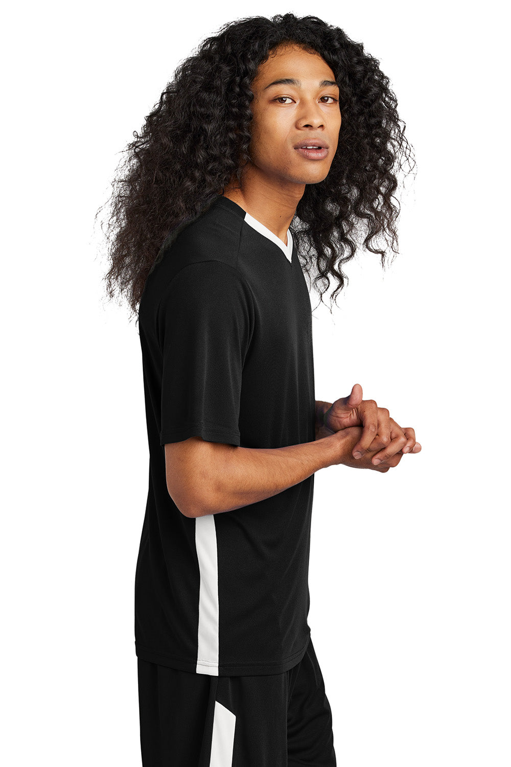 Sport-Tek ST101 Mens Competitor United Short Sleeve V-Neck T-Shirt Black/White Model Side