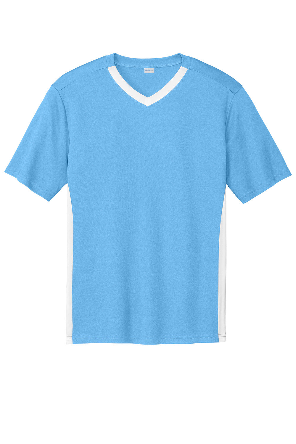 Sport-Tek ST101 Mens Competitor United Short Sleeve V-Neck T-Shirt Carolina Blue/White Flat Front