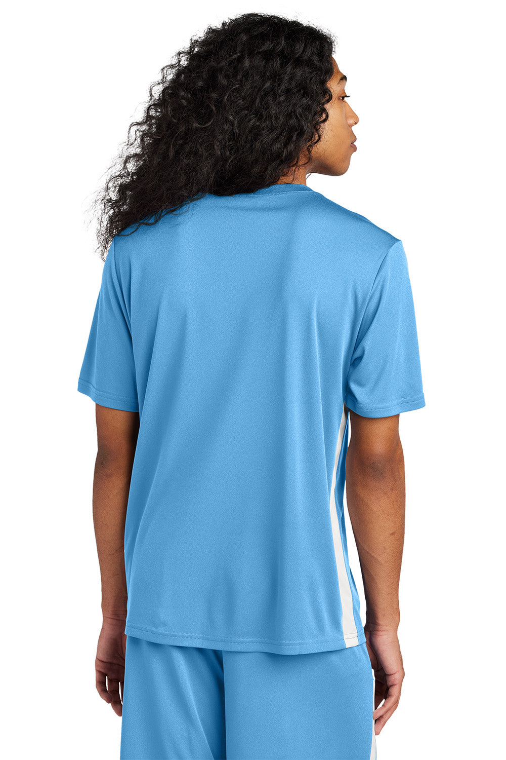 Sport-Tek ST101 Mens Competitor United Short Sleeve V-Neck T-Shirt Carolina Blue/White Model Back