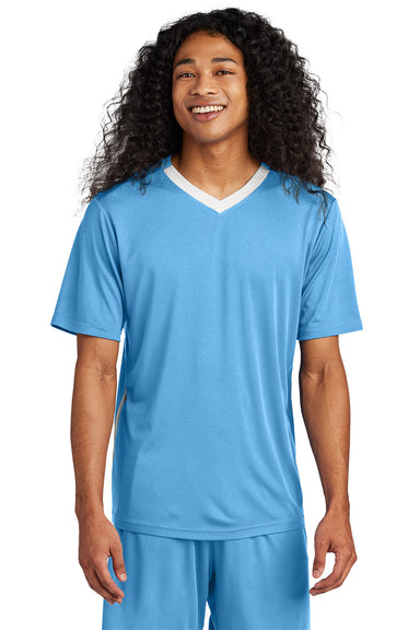 Sport-Tek ST101 Mens Competitor United Short Sleeve V-Neck T-Shirt Carolina Blue/White Model Front