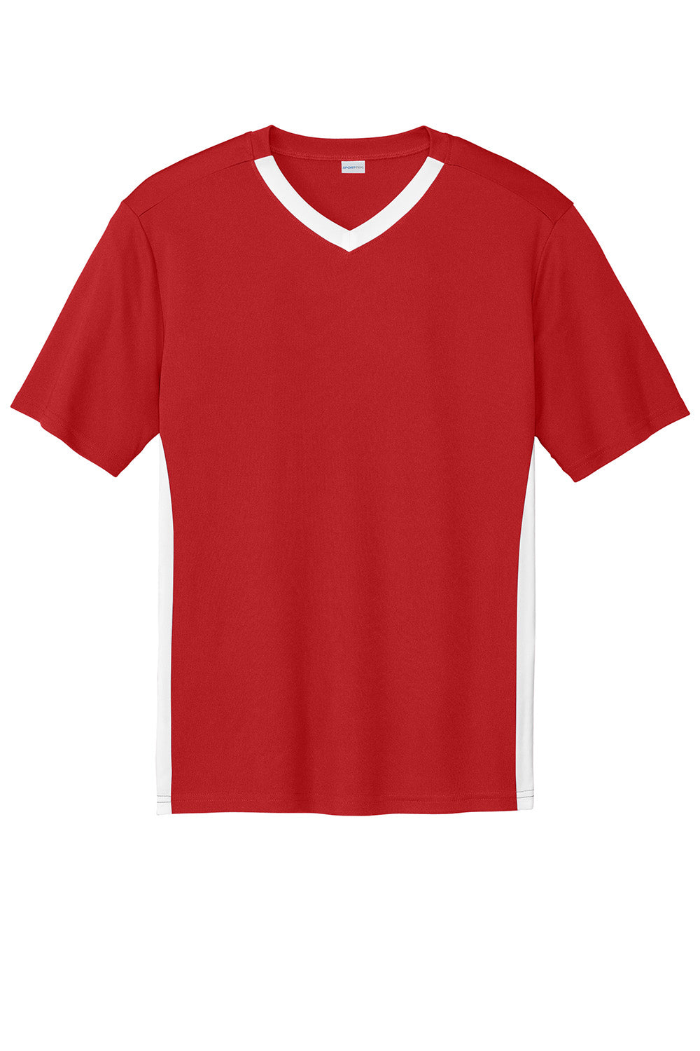 Sport-Tek ST101 Mens Competitor United Short Sleeve V-Neck T-Shirt Deep Red/White Flat Front