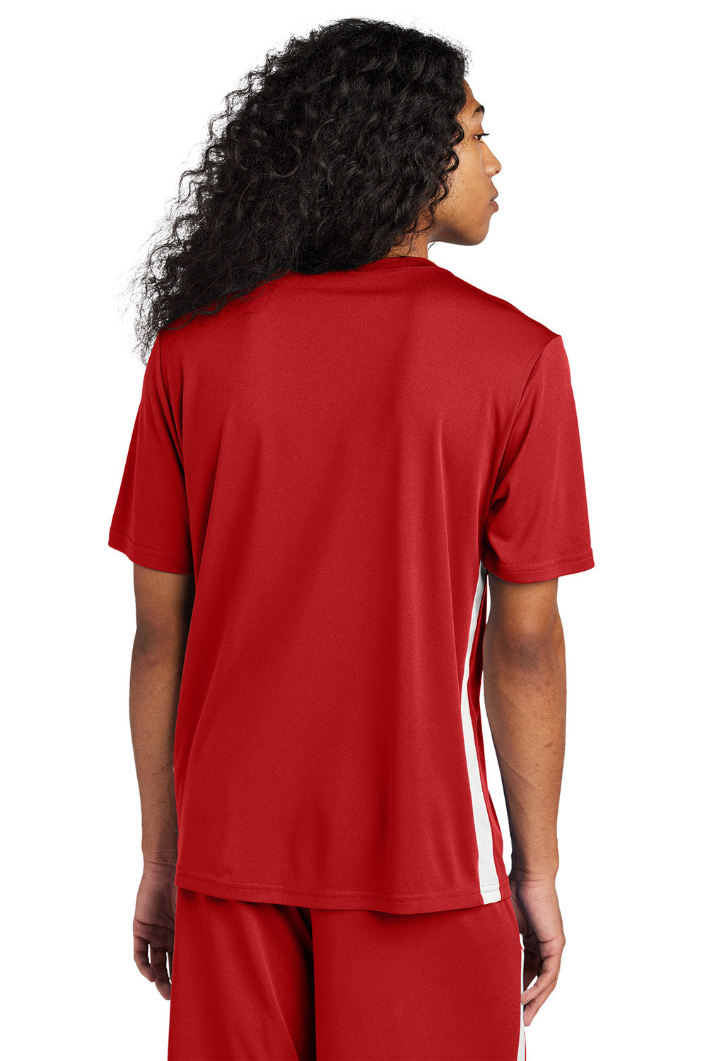 Sport-Tek ST101 Mens Competitor United Short Sleeve V-Neck T-Shirt Deep Red/White Model Back