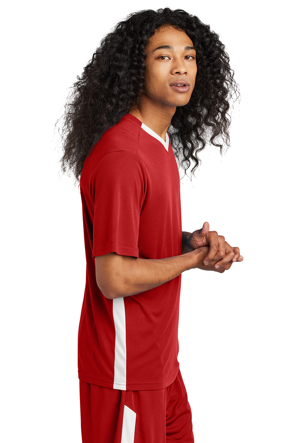 Sport-Tek ST101 Mens Competitor United Short Sleeve V-Neck T-Shirt Deep Red/White Model Side