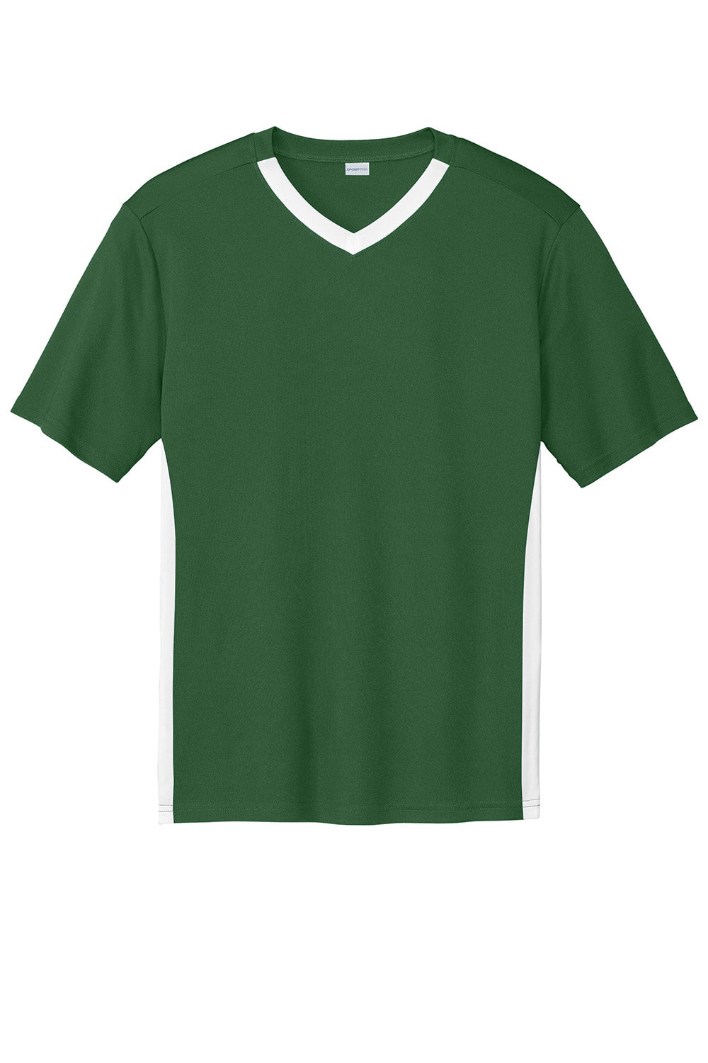 Sport-Tek ST101 Mens Competitor United Short Sleeve V-Neck T-Shirt Forest Green/White Flat Front