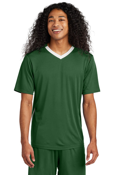 Sport-Tek ST101 Mens Competitor United Short Sleeve V-Neck T-Shirt Forest Green/White Model Front