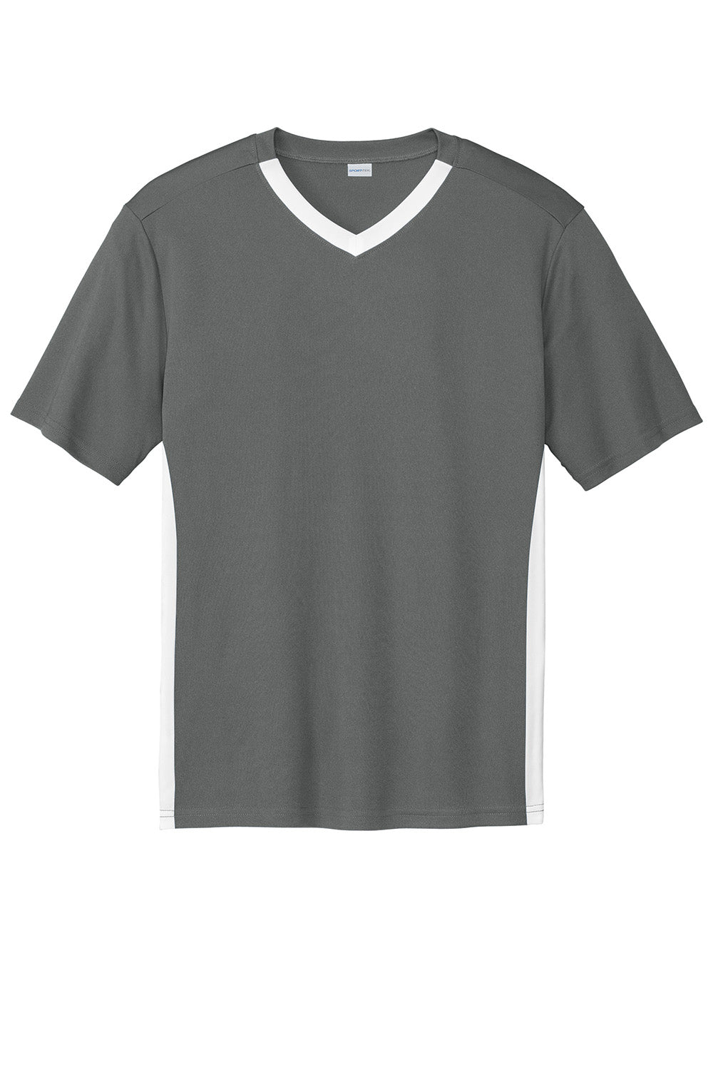 Sport-Tek ST101 Mens Competitor United Short Sleeve V-Neck T-Shirt Iron Grey/White Flat Front