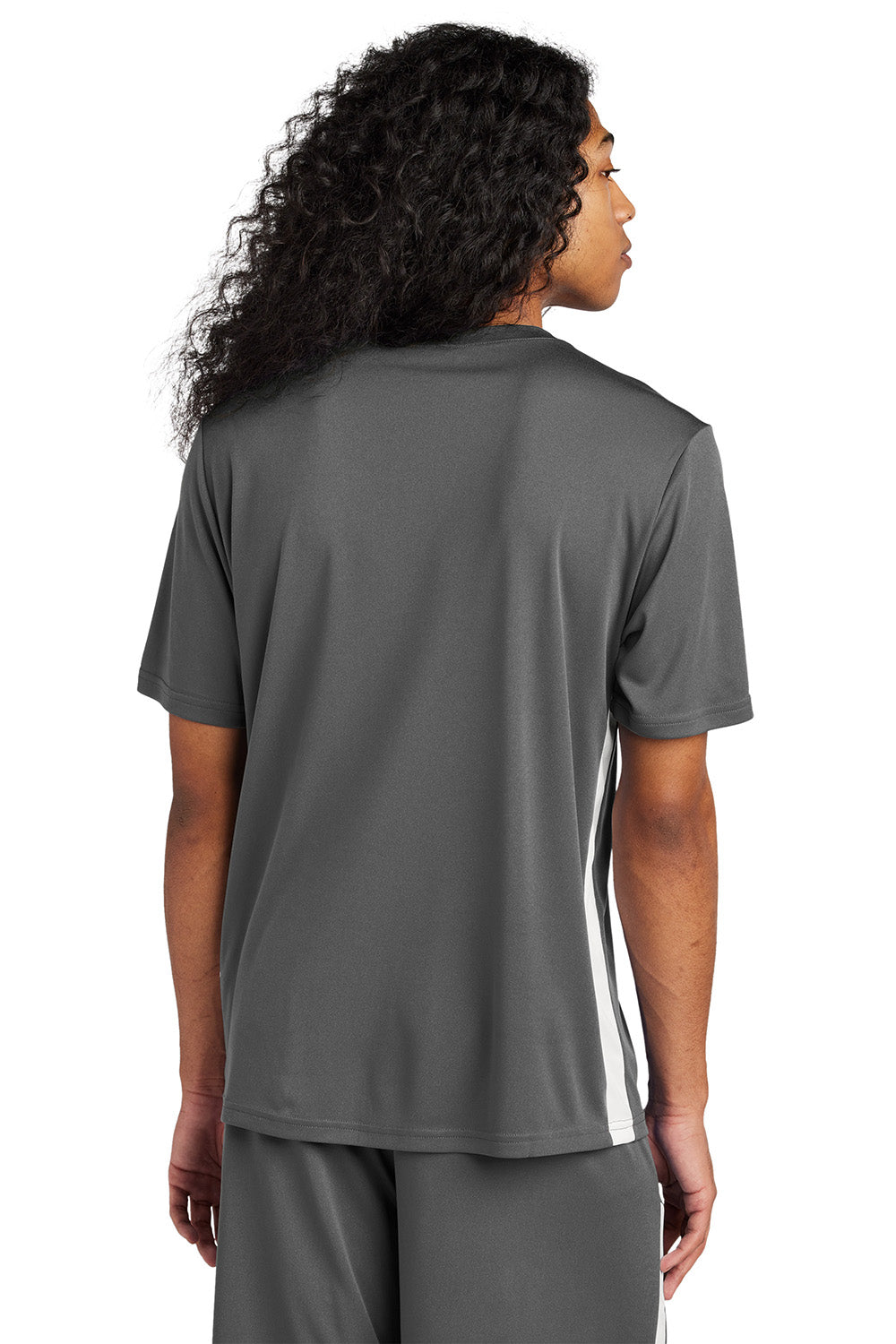 Sport-Tek ST101 Mens Competitor United Short Sleeve V-Neck T-Shirt Iron Grey/White Model Back