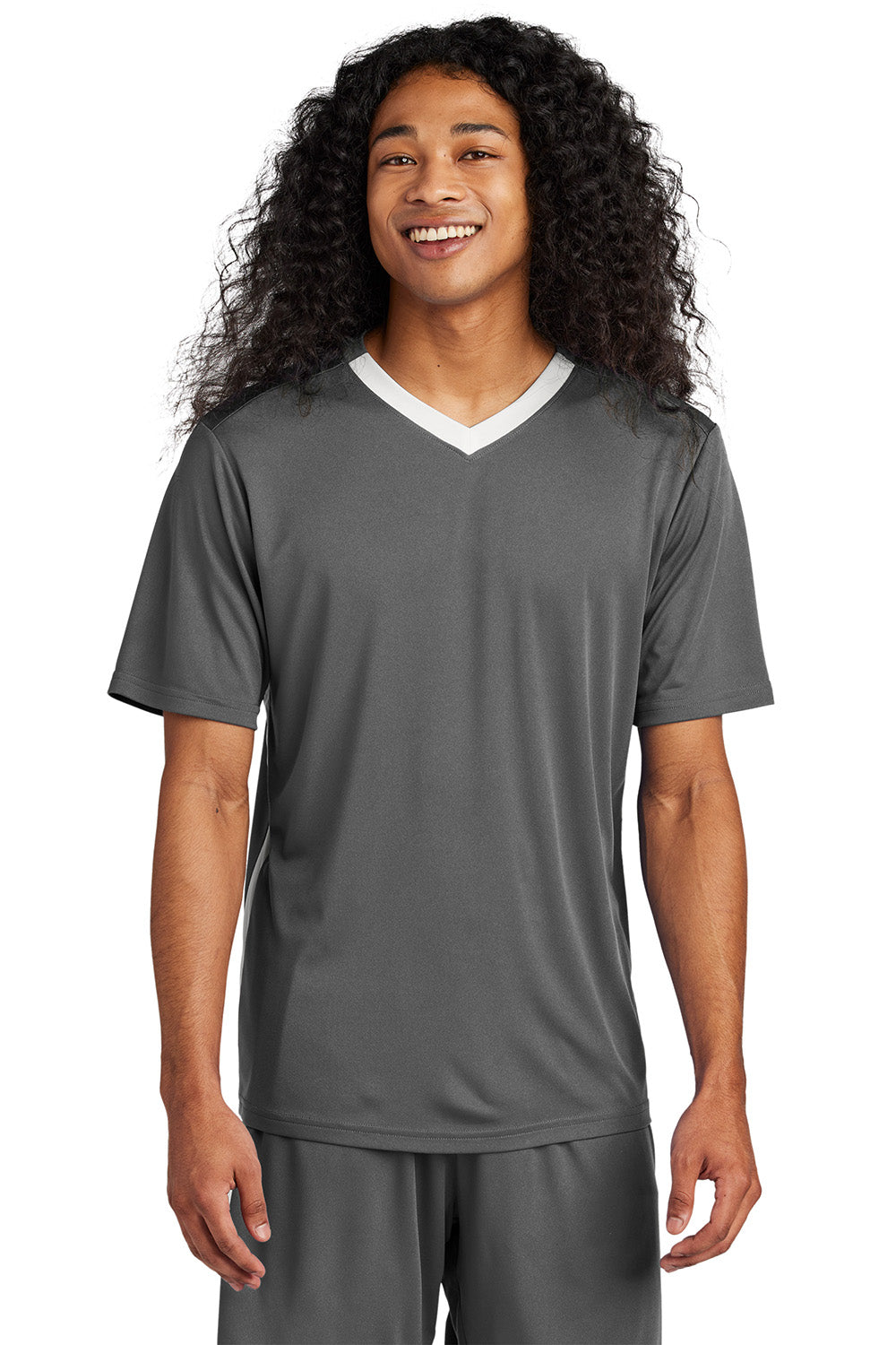 Sport-Tek ST101 Mens Competitor United Short Sleeve V-Neck T-Shirt Iron Grey/White Model Front