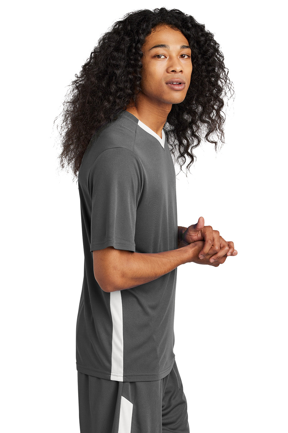 Sport-Tek ST101 Mens Competitor United Short Sleeve V-Neck T-Shirt Iron Grey/White Model Side