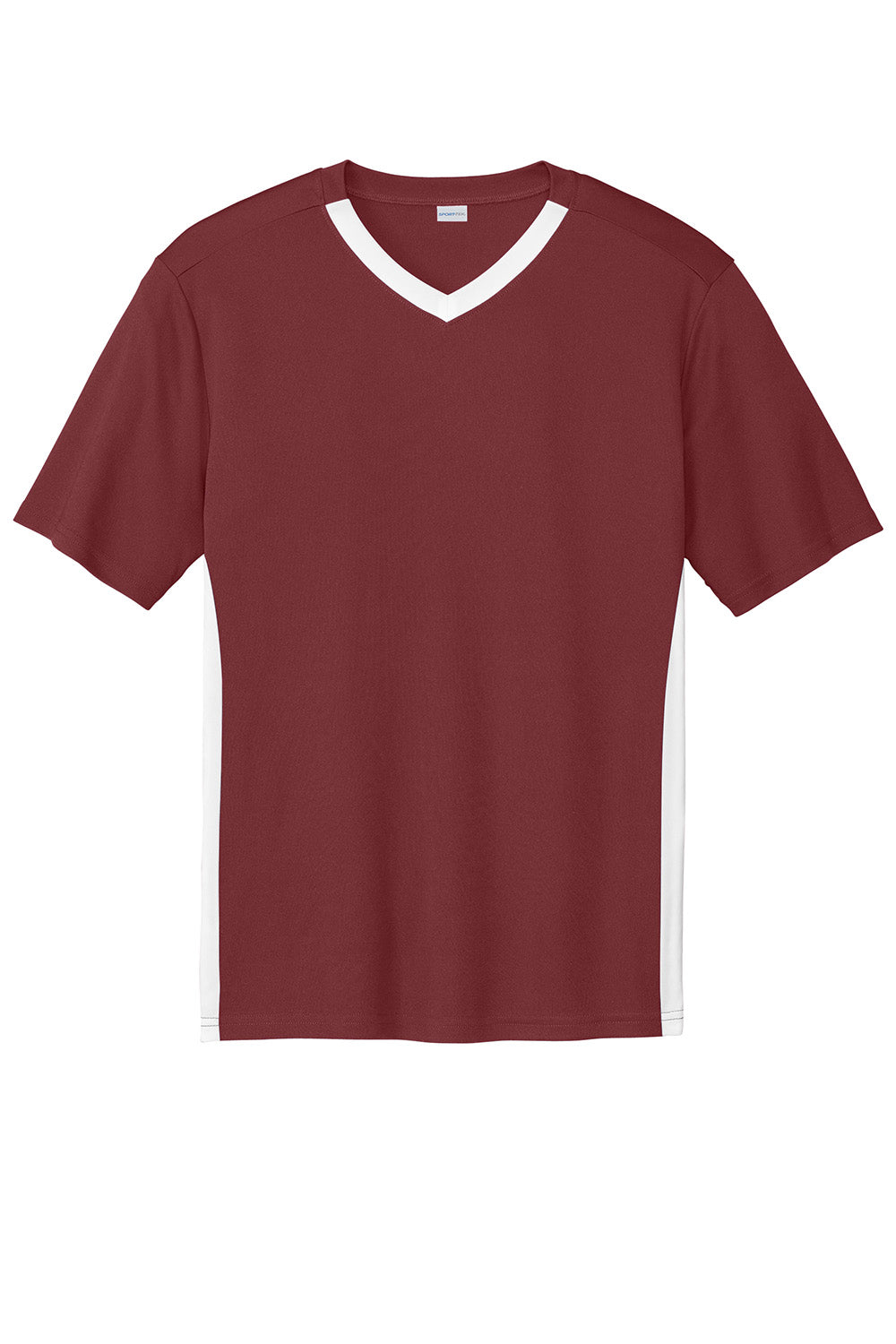 Sport-Tek ST101 Mens Competitor United Short Sleeve V-Neck T-Shirt Maroon/White Flat Front